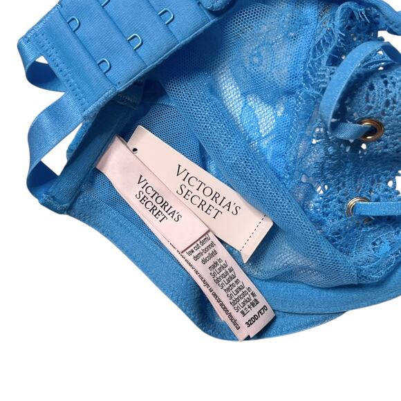 Victoria's Secret Unlined Rose Lace & Grommet Low-Cut Demi Bra Capri Blue 32DD - Picture 3 of 3